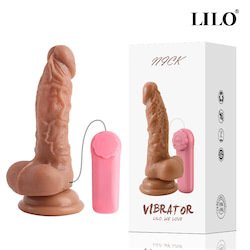 Pênis realistico com vibração multivelocidade, com escroto e ventosa, veias saltadas e glande saliente - LILO