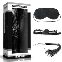 Kit Bondage Luxo com 3 peças - mordaça,venda e chicote - LOVETOY